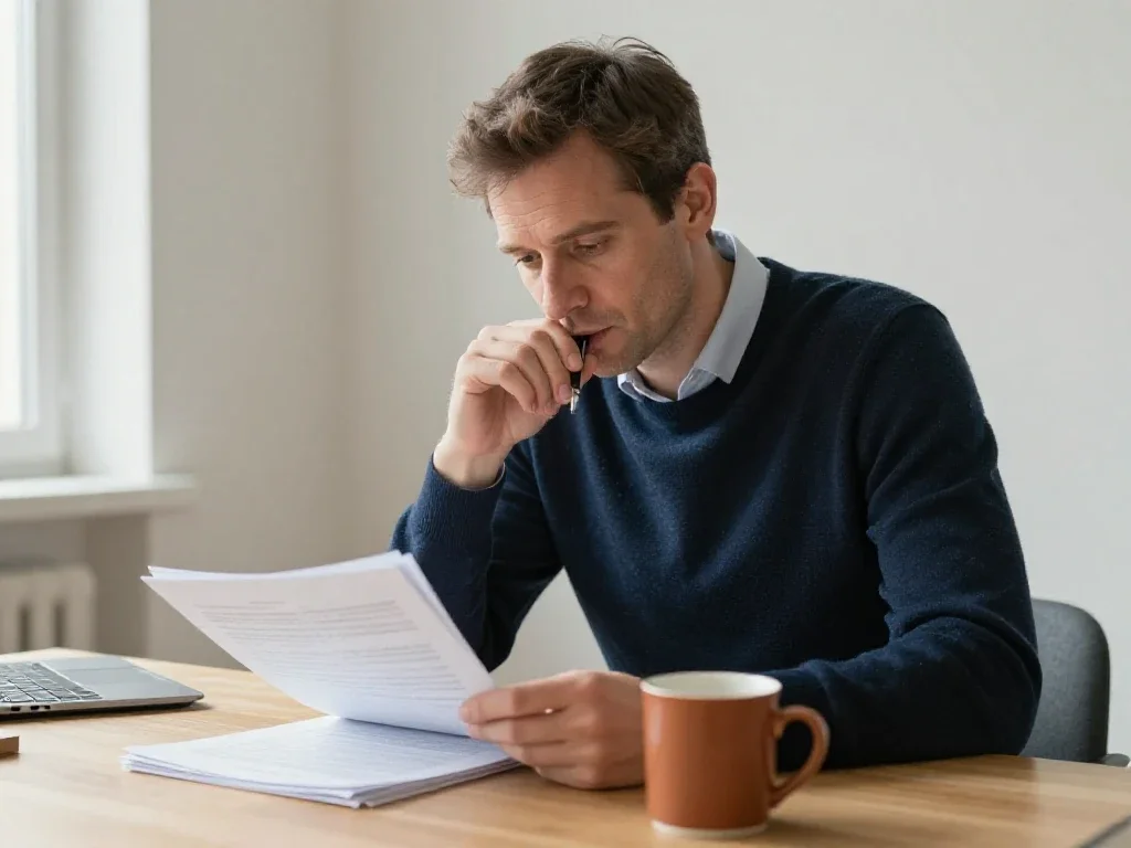 Un homme analyse attentivement ses dossiers au bureau avant de prendre une décision importante.